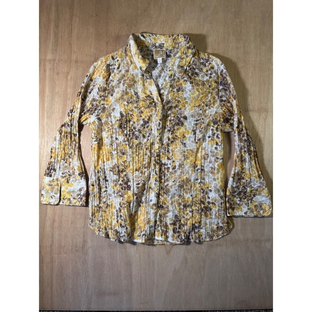 JM Collection Women Size‎ 12 Floral Long Sleeve Button-Up Shirt Yellow Brown